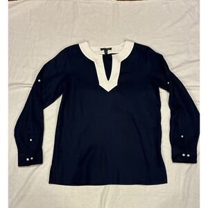 Ralph Lauren Women's Top Medium Navy Linen Tunic Top Minimalist Quiet Luxury